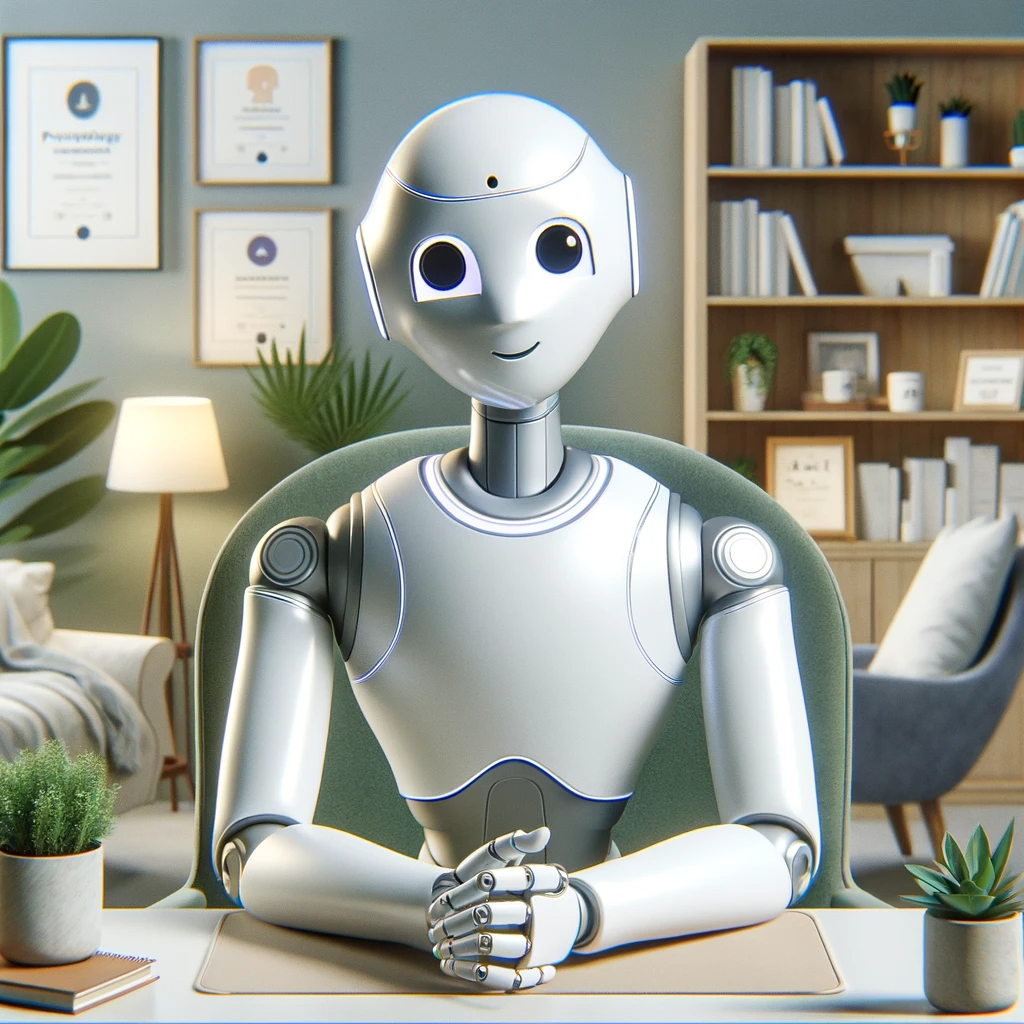 A white humanoid robot seated at a desk in a therapist's office, hands folded, framed certificates on the wall behind