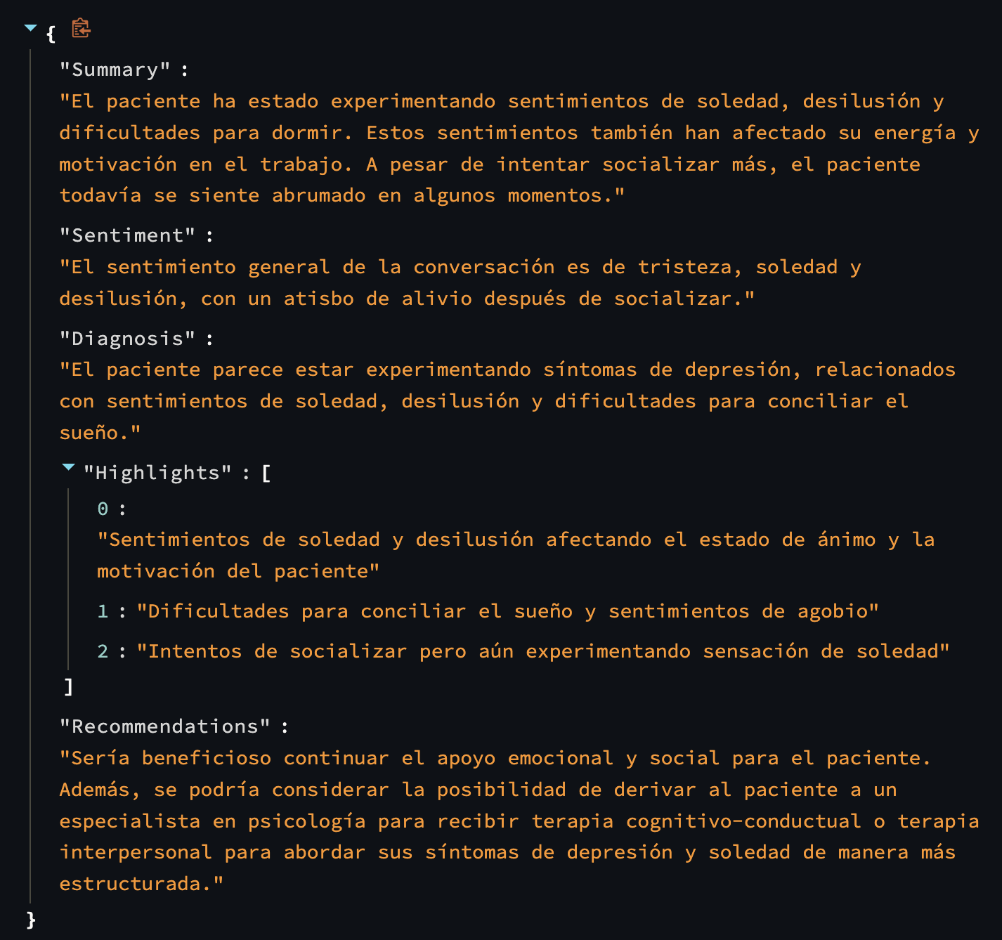 The model's JSON response in Spanish, with summary, sentiment, diagnosis, highlights and recommendations fields