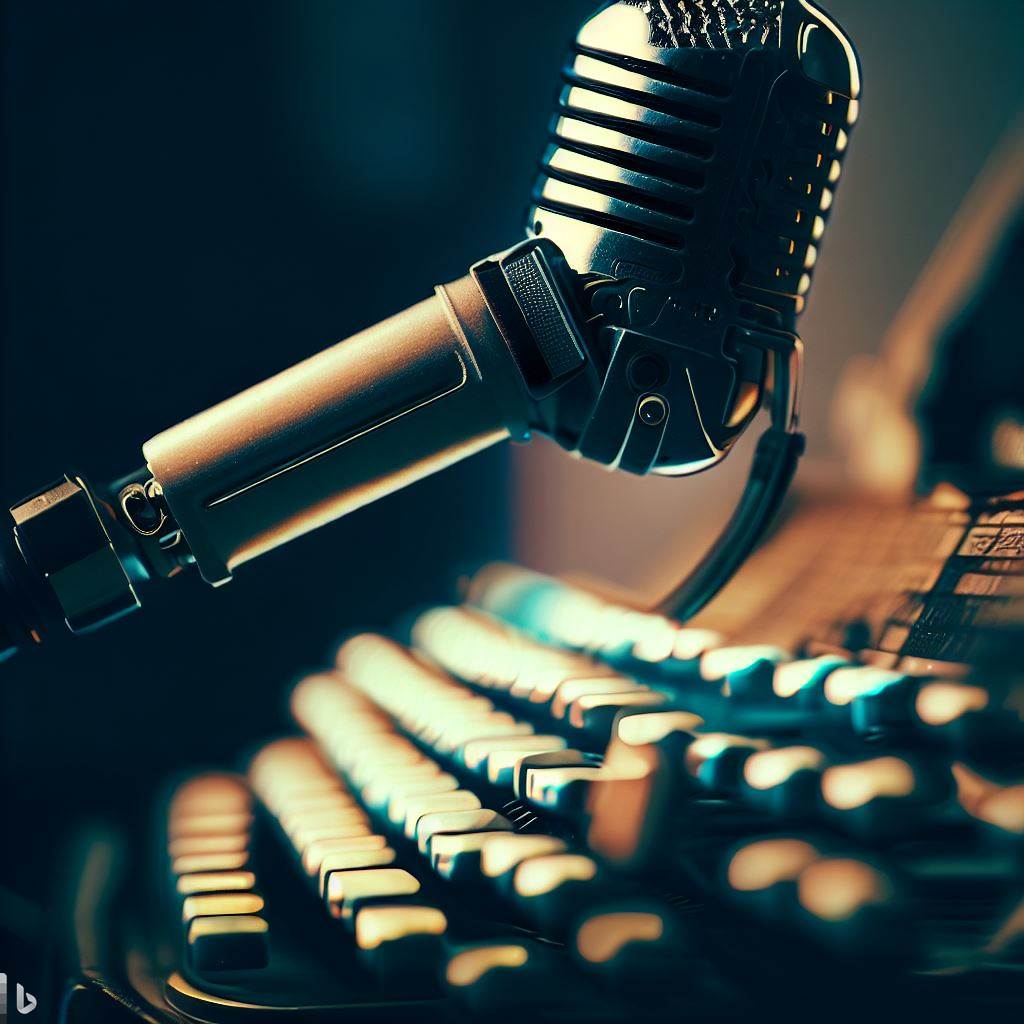 A studio microphone resting on a laptop keyboard under warm light