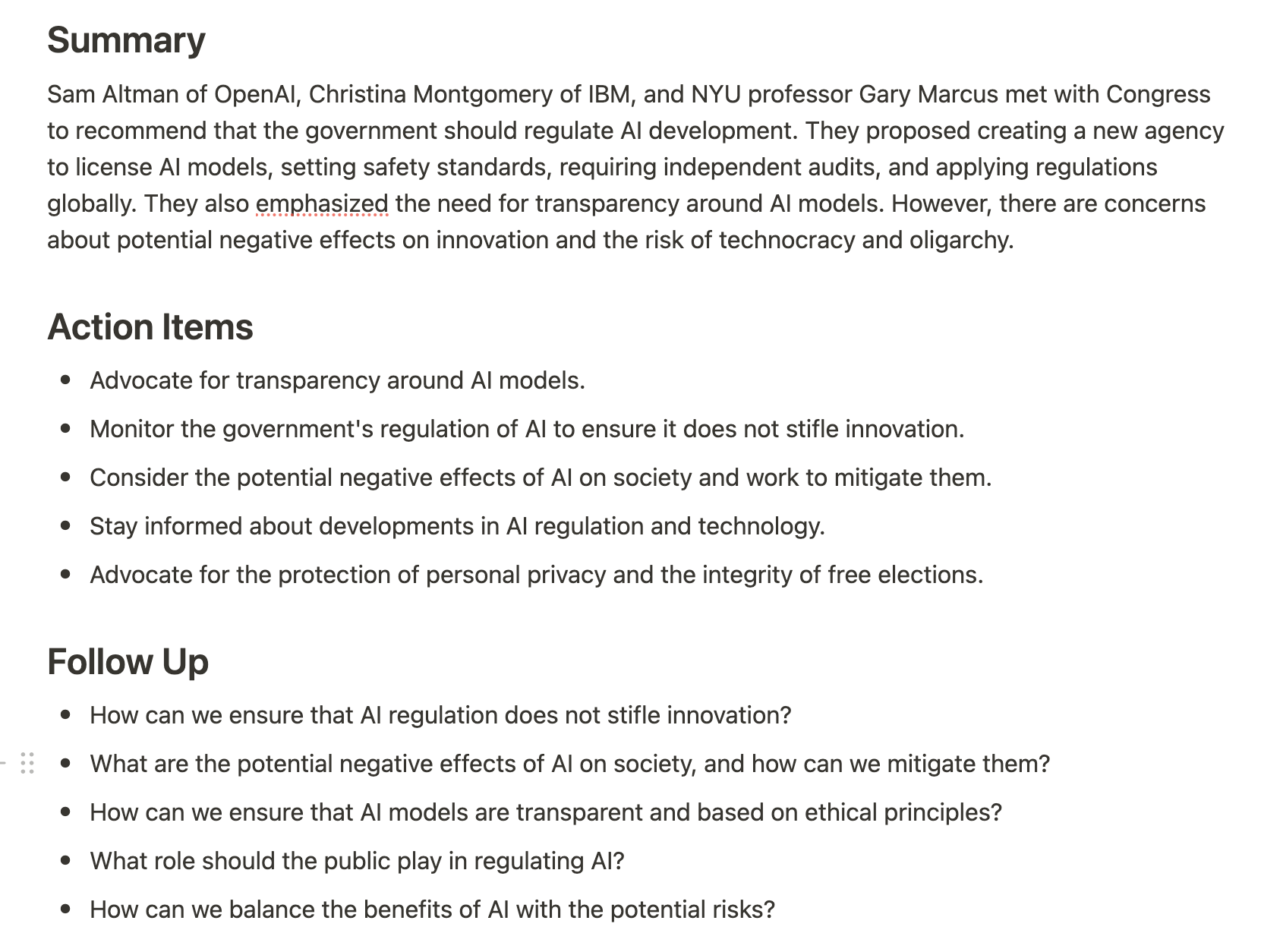 Generated meeting notes: a summary about AI regulation, a list of action items, and follow-up questions